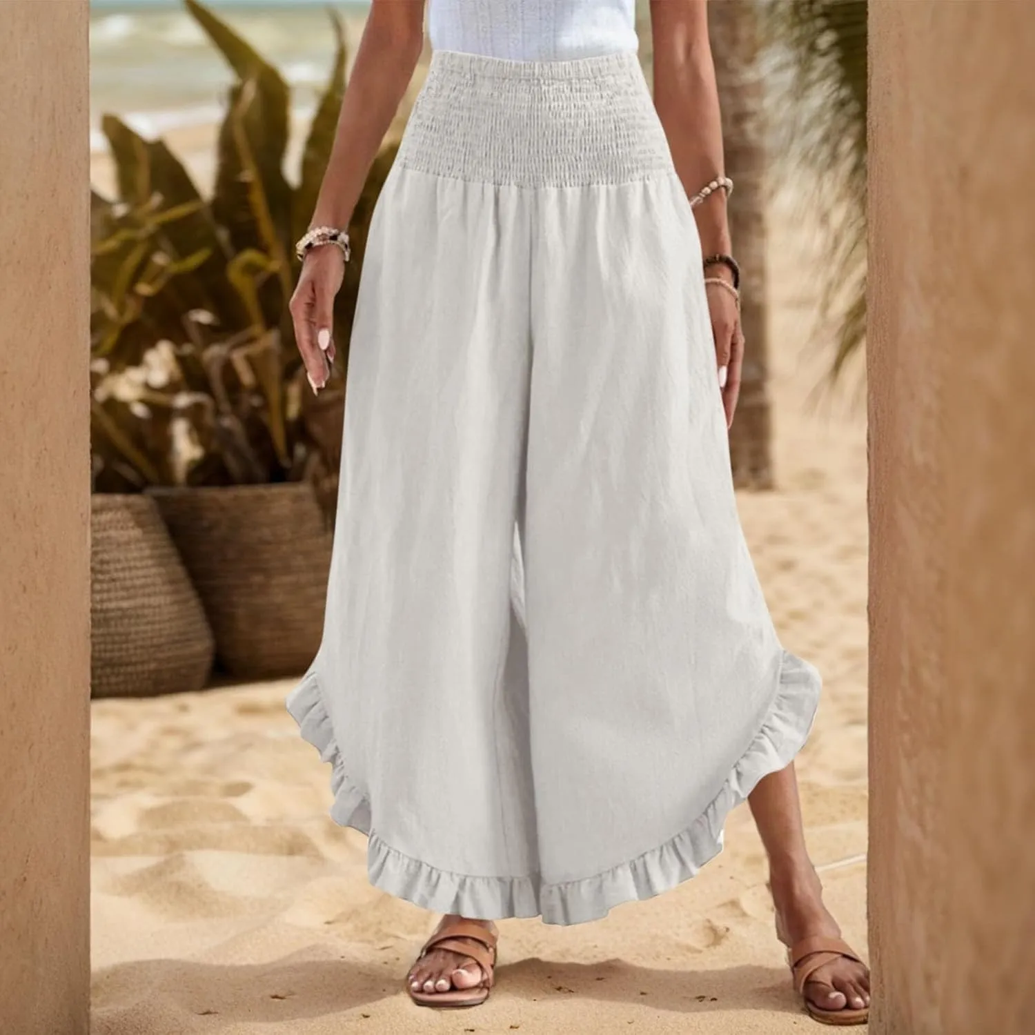 Linen Pants Women Summer Boho Wide Leg High Waist Lounge Palazzo Pant 2025 Casual Beach Vacation Outfits