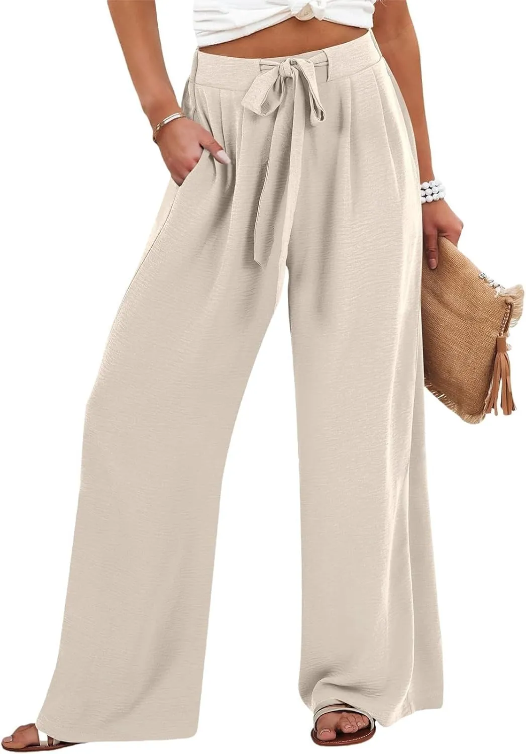 Linen Pants Women Wide Leg High Waist Casual Loose Pants Summer Beach Palazzo Flowly Drawstring Trousers with Pockets
