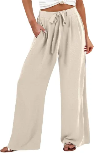 Linen Pants Women Wide Leg High Waist Casual Loose Pants Summer Beach Palazzo Flowly Drawstring Trousers with Pockets