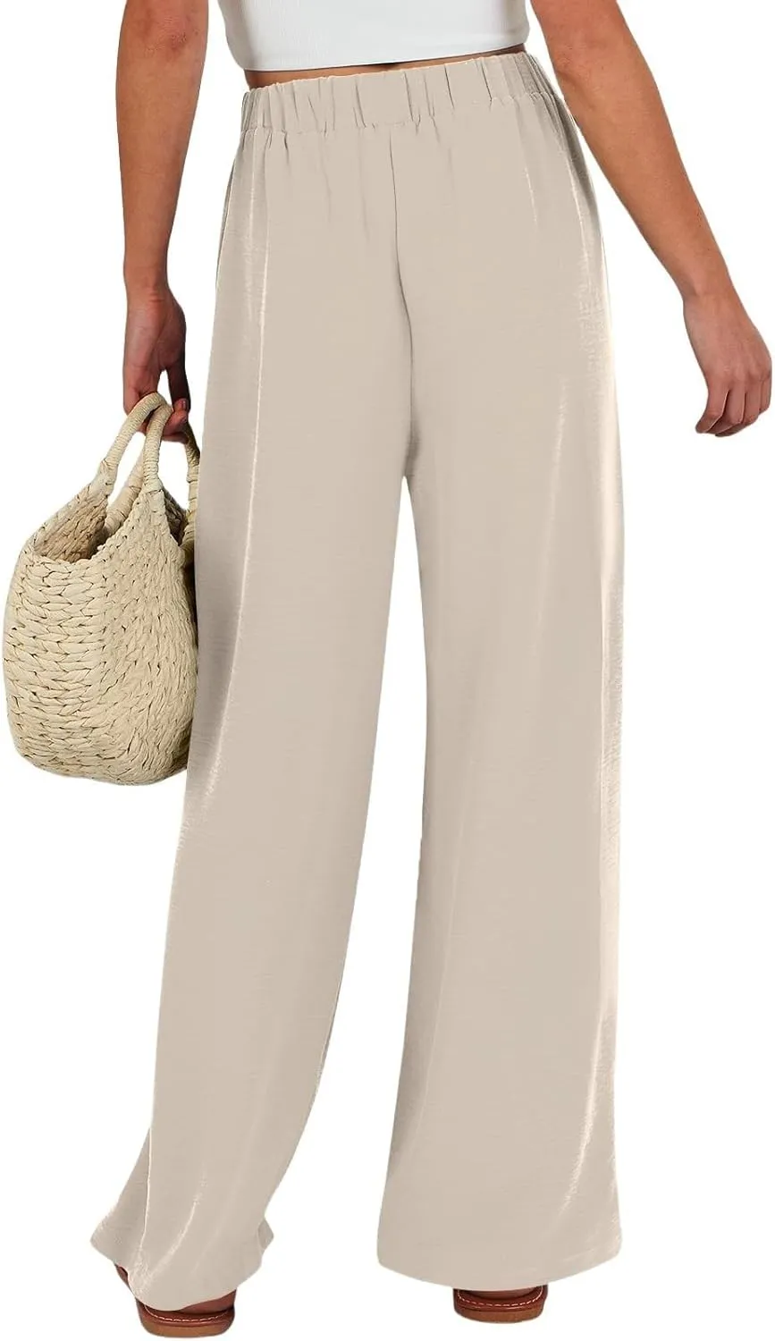 Linen Pants Women Wide Leg High Waist Casual Loose Pants Summer Beach Palazzo Flowly Drawstring Trousers with Pockets