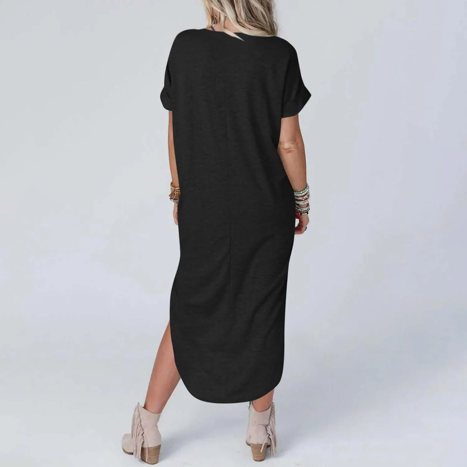 Long Summer Dresses for Women 2024 Casual Loose Split Short Sleeve T Shirt Dresses Beach Sun dresses with Pockets