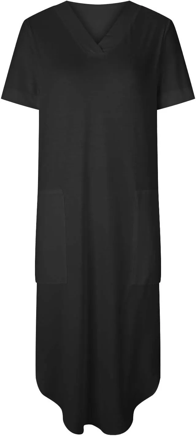 Long Summer Dresses for Women 2024 Casual Loose Split Short Sleeve T Shirt Dresses Beach Sun dresses with Pockets
