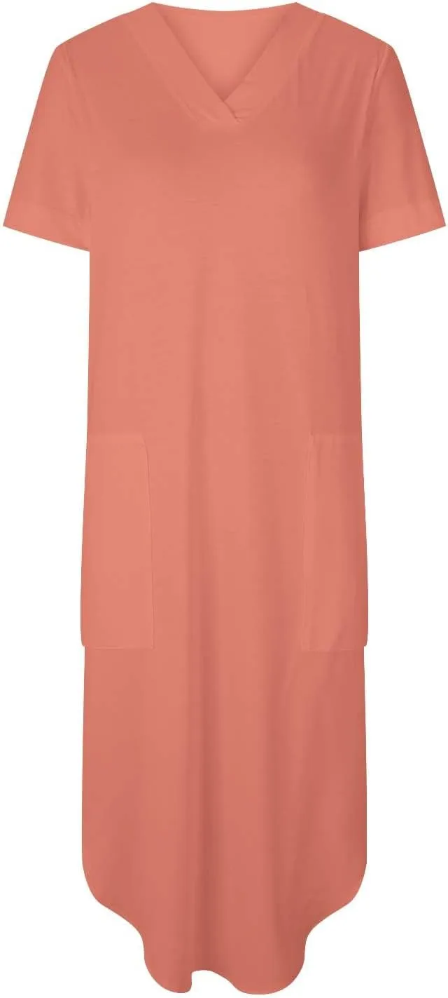 Long Summer Dresses for Women 2024 Casual Loose Split Short Sleeve T Shirt Dresses Beach Sun dresses with Pockets