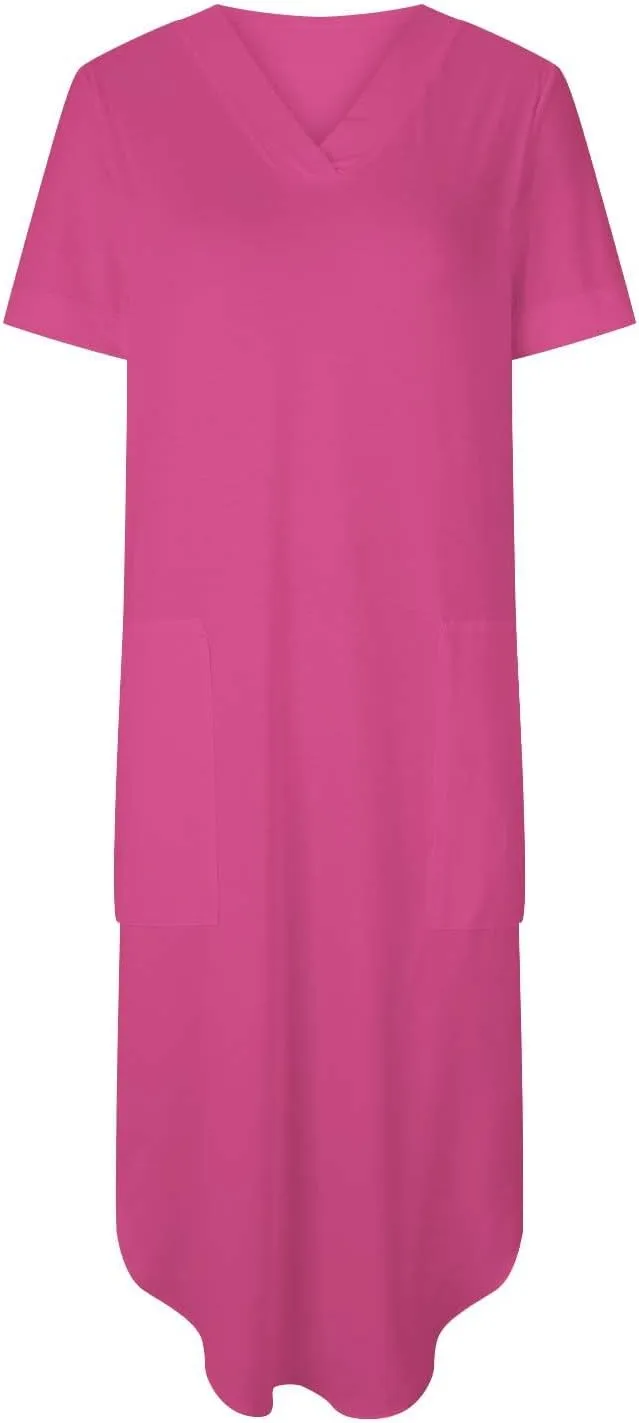 Long Summer Dresses for Women 2024 Casual Loose Split Short Sleeve T Shirt Dresses Beach Sun dresses with Pockets