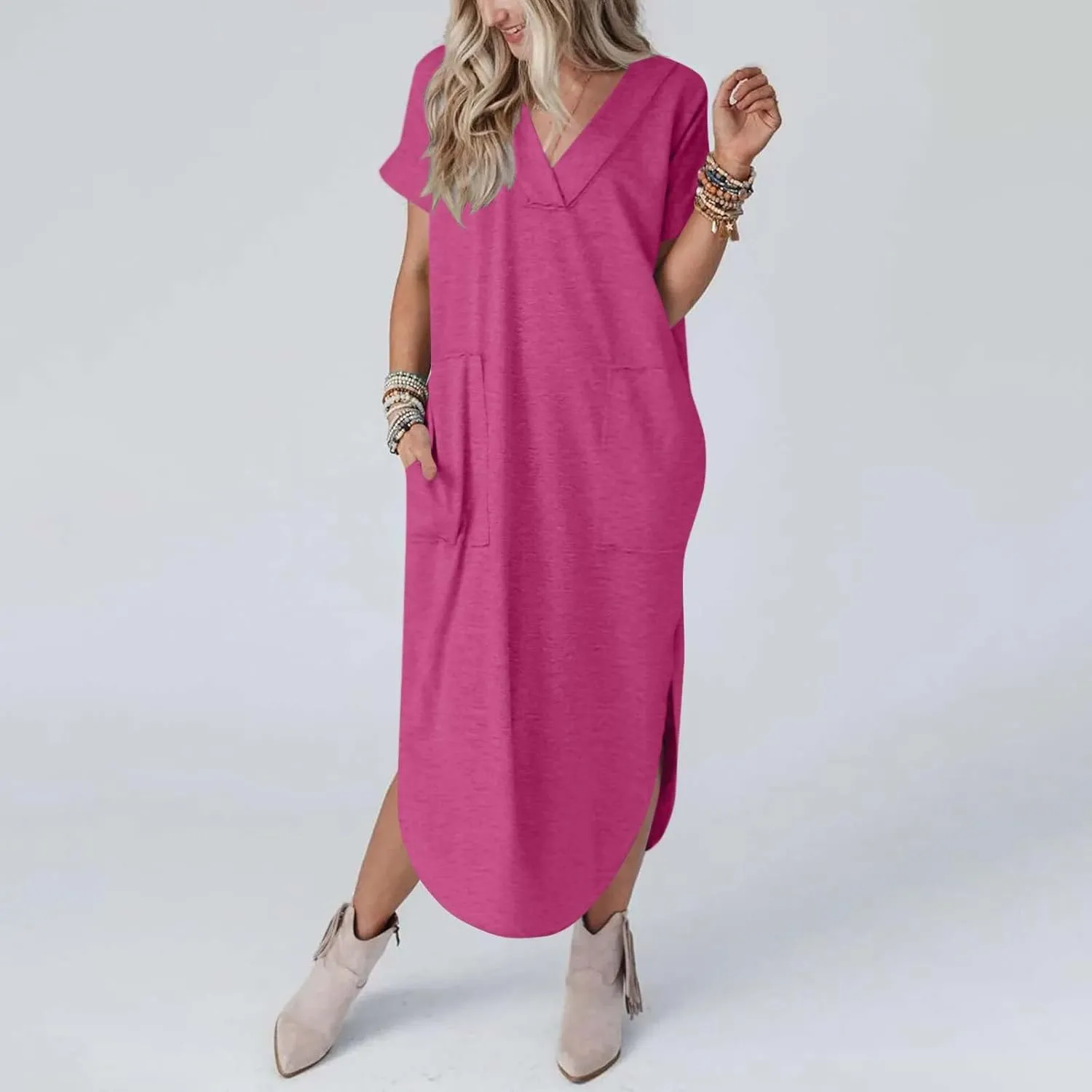 Long Summer Dresses for Women 2024 Casual Loose Split Short Sleeve T Shirt Dresses Beach Sun dresses with Pockets