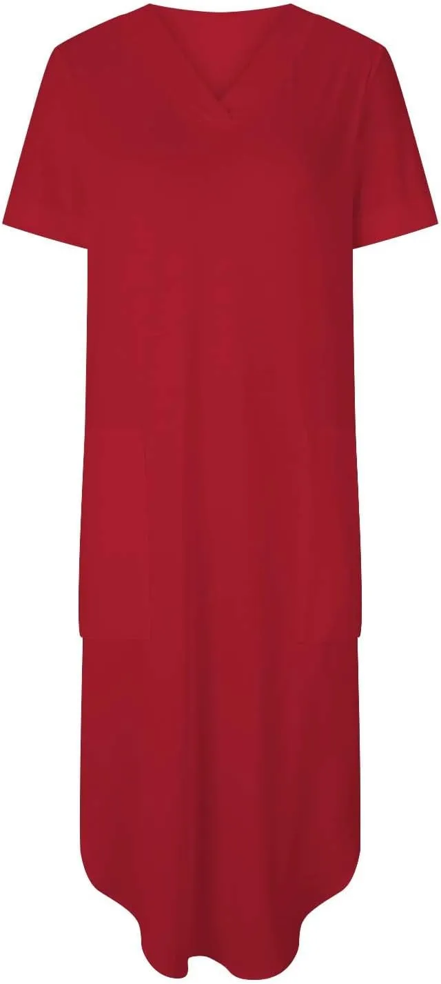 Long Summer Dresses for Women 2024 Casual Loose Split Short Sleeve T Shirt Dresses Beach Sun dresses with Pockets