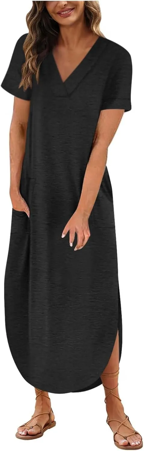 Long Summer Dresses for Women 2024 Casual Loose Split Short Sleeve T Shirt Dresses Beach Sun dresses with Pockets