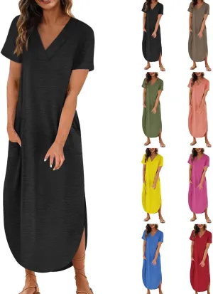 Long Summer Dresses for Women 2024 Casual Loose Split Short Sleeve T Shirt Dresses Beach Sun dresses with Pockets