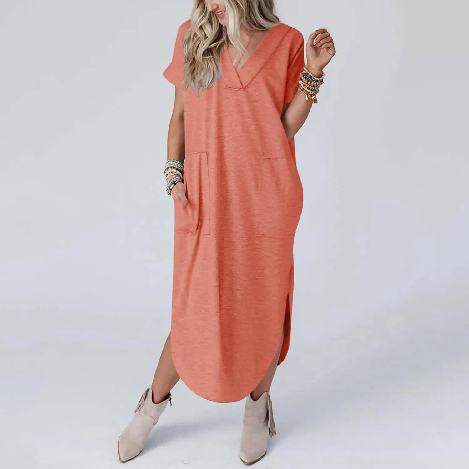 Long Summer Dresses for Women 2024 Casual Loose Split Short Sleeve T Shirt Dresses Beach Sun dresses with Pockets