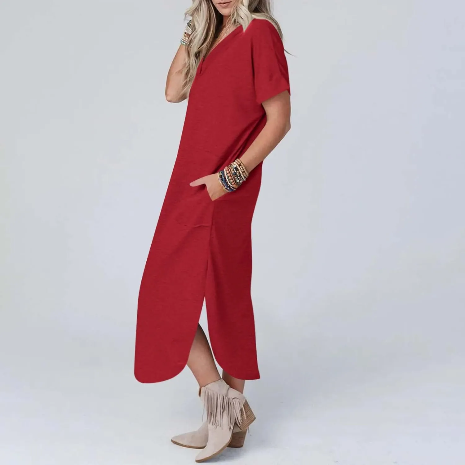 Long Summer Dresses for Women 2024 Casual Loose Split Short Sleeve T Shirt Dresses Beach Sun dresses with Pockets