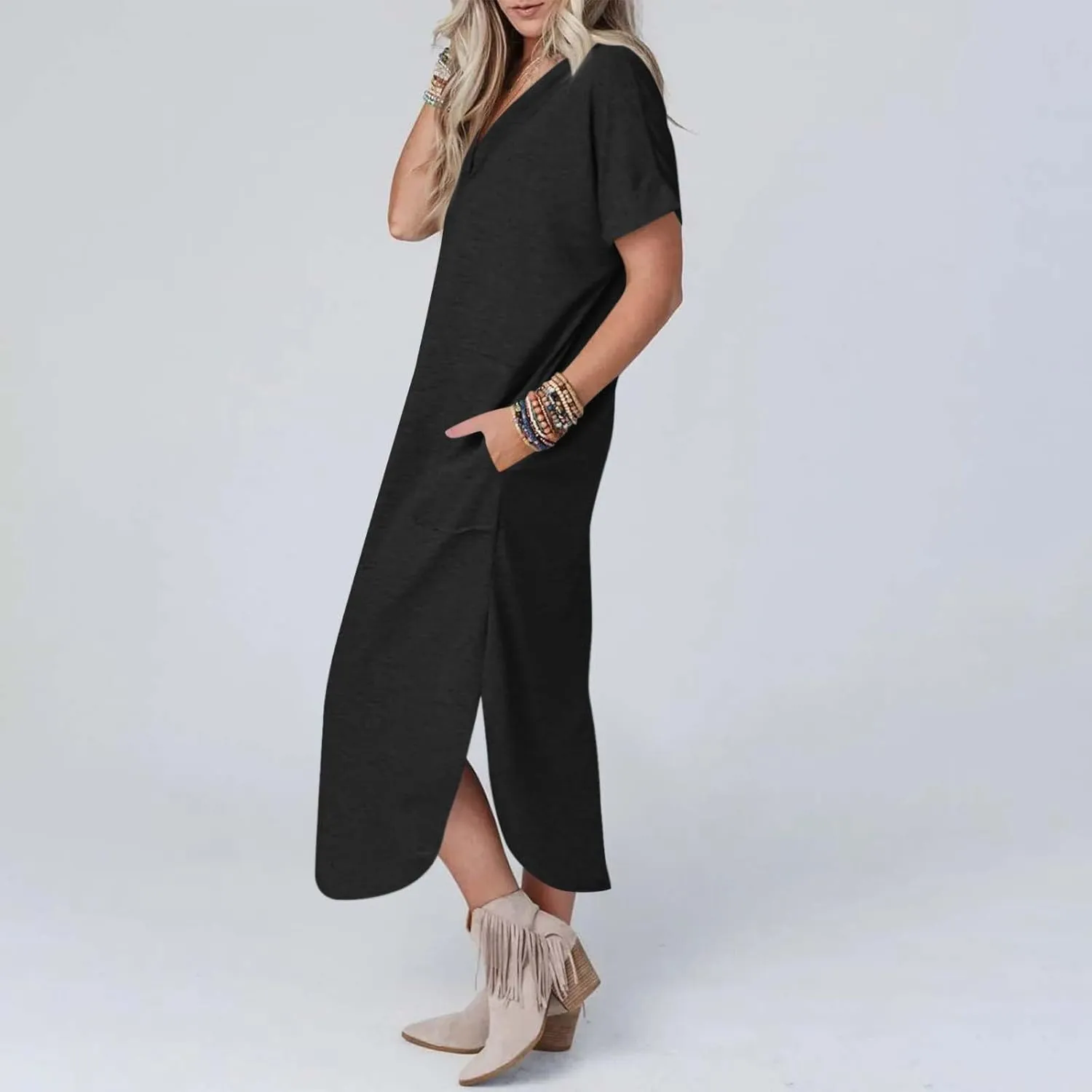 Long Summer Dresses for Women 2024 Casual Loose Split Short Sleeve T Shirt Dresses Beach Sun dresses with Pockets