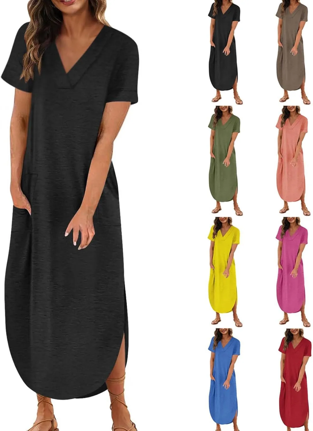 Long Summer Dresses for Women 2024 Casual Loose Split Short Sleeve T Shirt Dresses Beach Sun dresses with Pockets