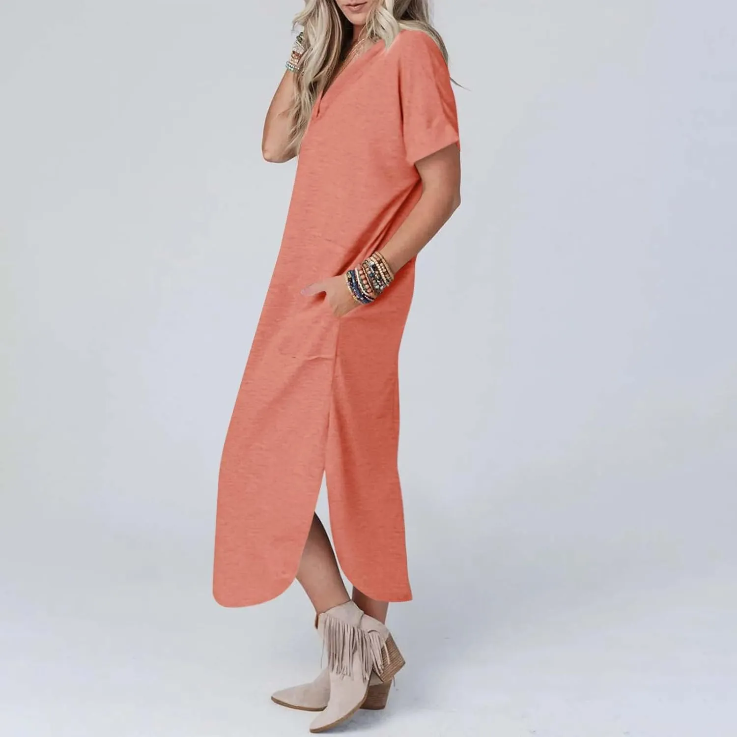Long Summer Dresses for Women 2024 Casual Loose Split Short Sleeve T Shirt Dresses Beach Sun dresses with Pockets