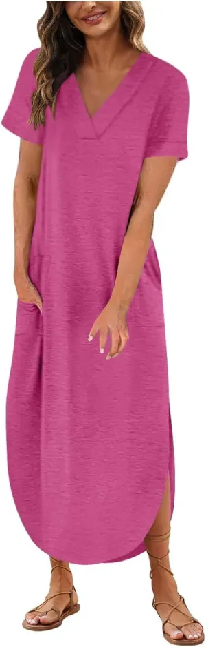 Long Summer Dresses for Women 2024 Casual Loose Split Short Sleeve T Shirt Dresses Beach Sun dresses with Pockets