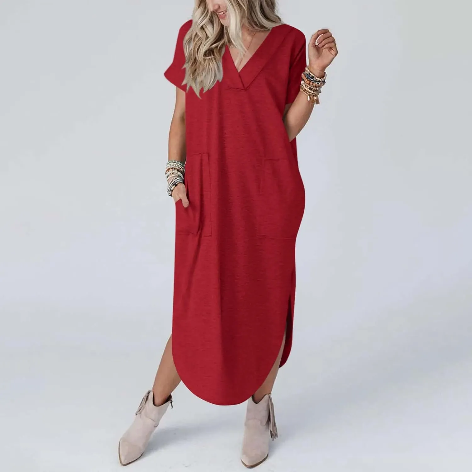 Long Summer Dresses for Women 2024 Casual Loose Split Short Sleeve T Shirt Dresses Beach Sun dresses with Pockets