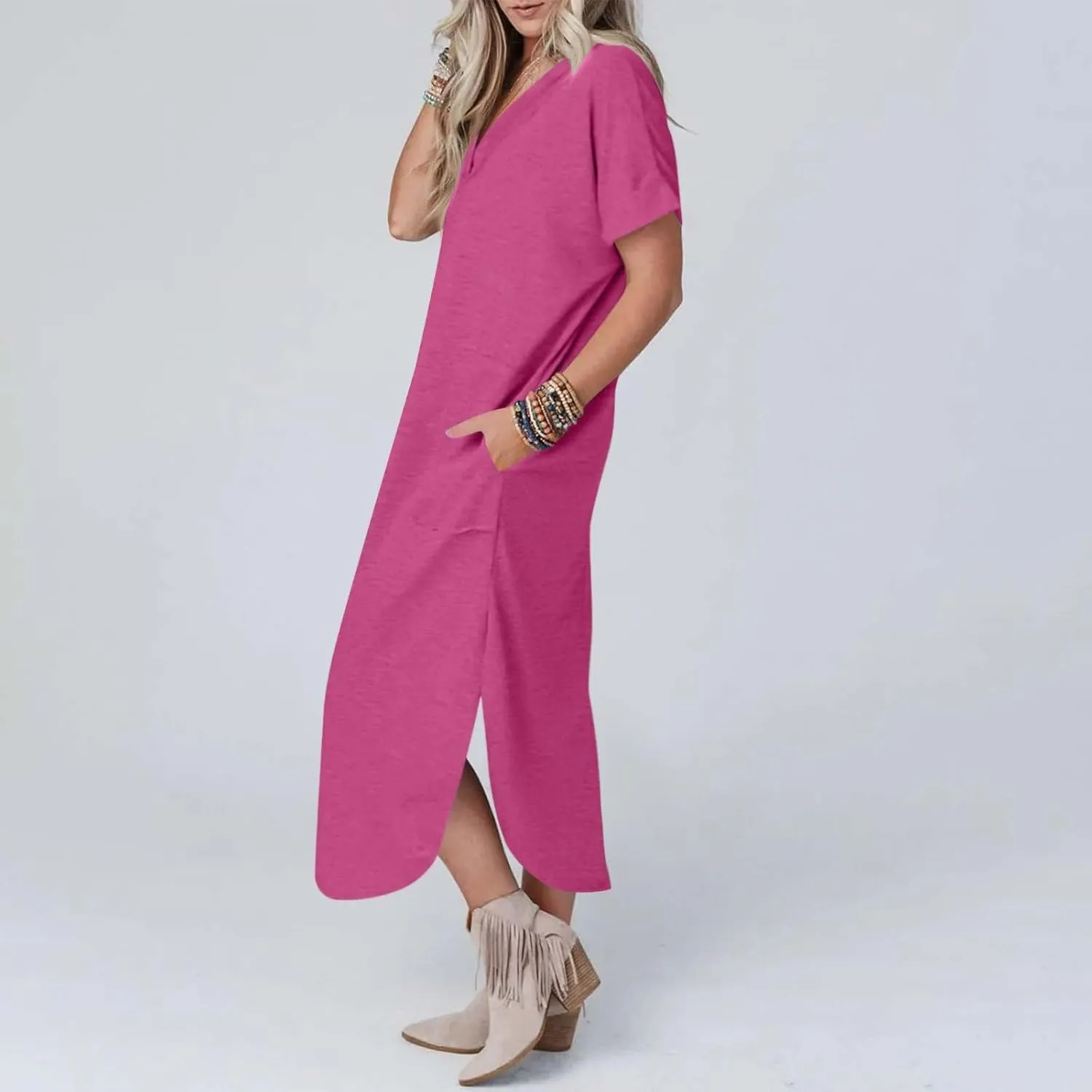 Long Summer Dresses for Women 2024 Casual Loose Split Short Sleeve T Shirt Dresses Beach Sun dresses with Pockets