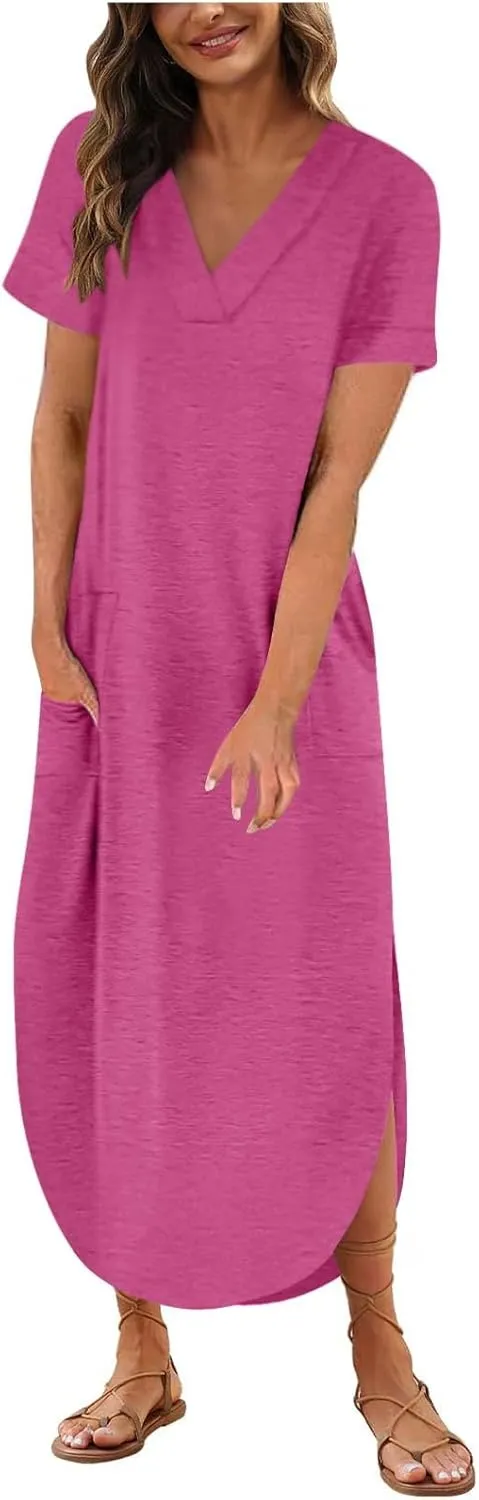 Long Summer Dresses for Women 2024 Casual Loose Split Short Sleeve T Shirt Dresses Beach Sun dresses with Pockets