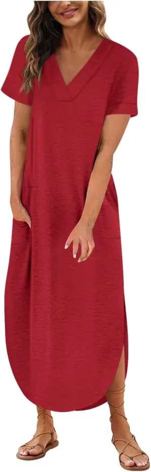 Long Summer Dresses for Women 2024 Casual Loose Split Short Sleeve T Shirt Dresses Beach Sun dresses with Pockets