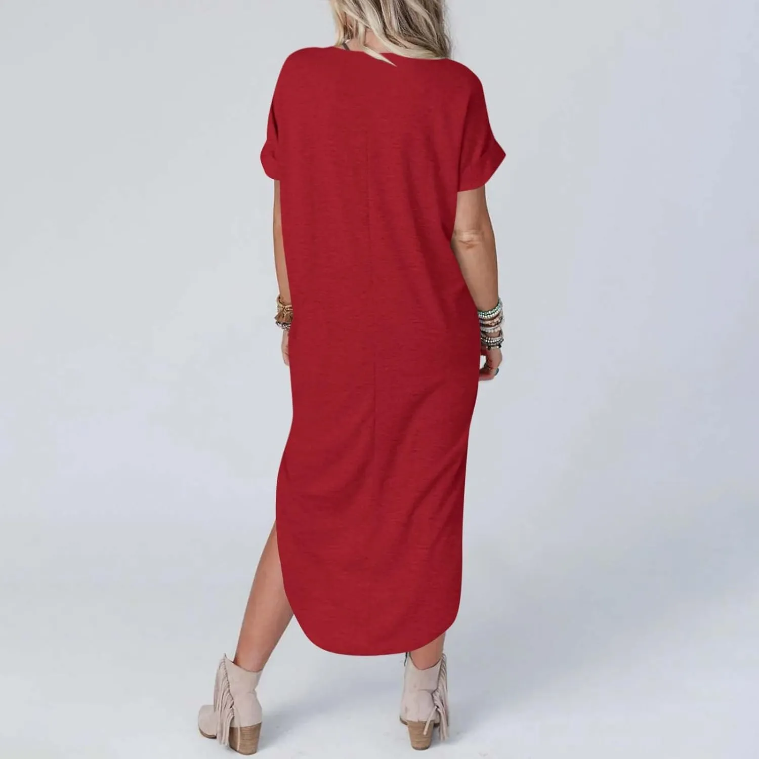 Long Summer Dresses for Women 2024 Casual Loose Split Short Sleeve T Shirt Dresses Beach Sun dresses with Pockets