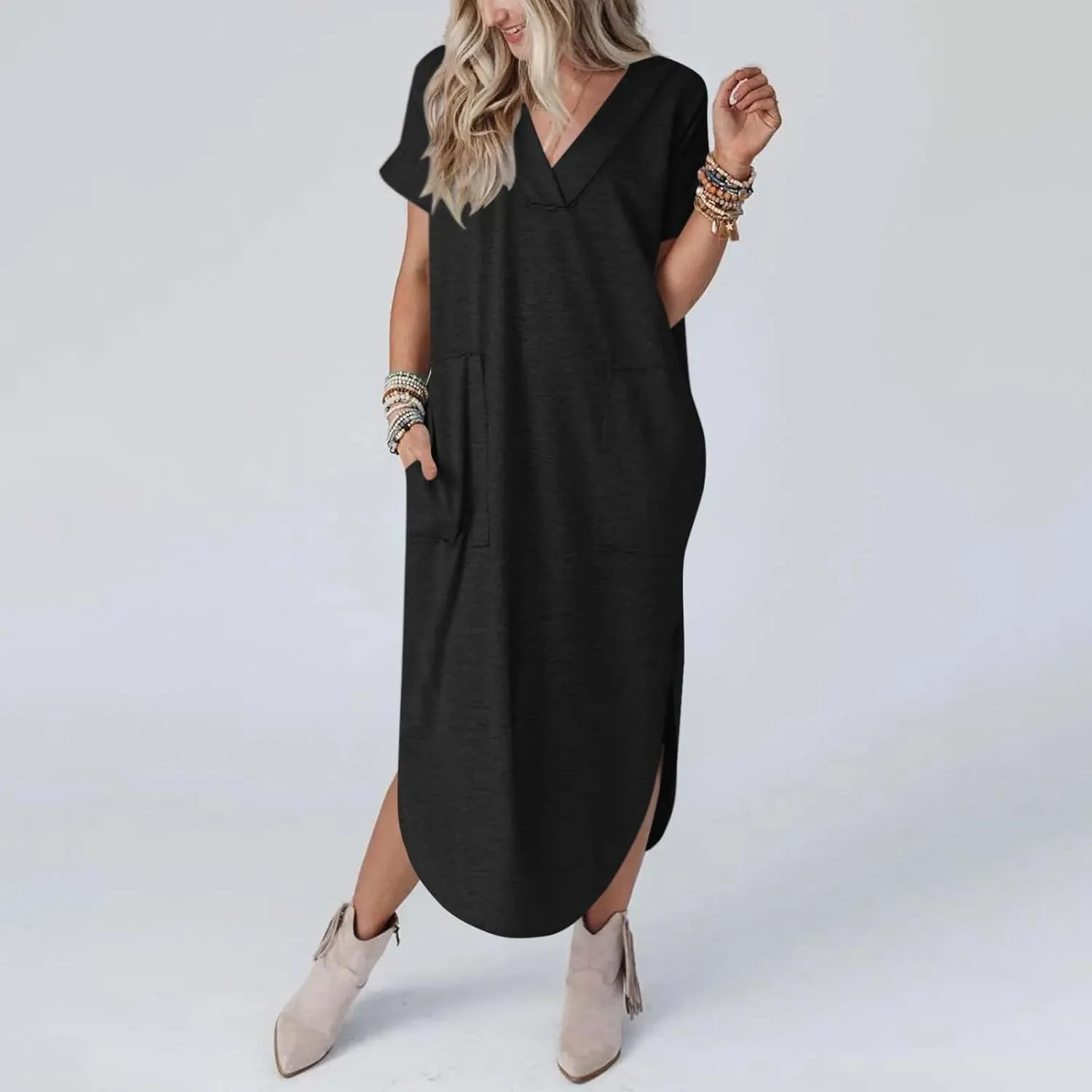 Long Summer Dresses for Women 2024 Casual Loose Split Short Sleeve T Shirt Dresses Beach Sun dresses with Pockets