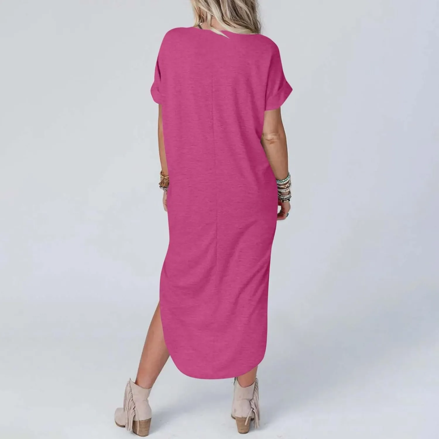 Long Summer Dresses for Women 2024 Casual Loose Split Short Sleeve T Shirt Dresses Beach Sun dresses with Pockets