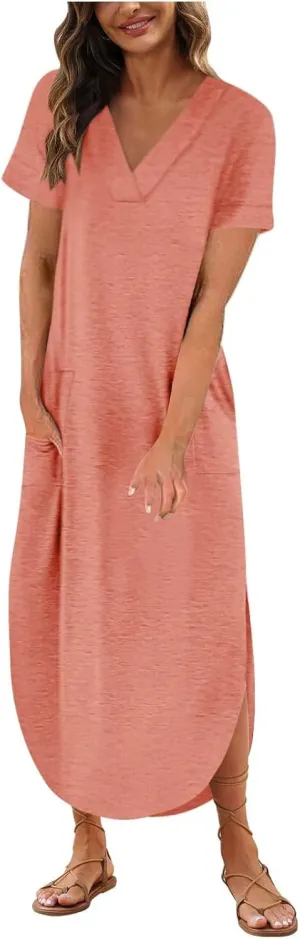 Long Summer Dresses for Women 2024 Casual Loose Split Short Sleeve T Shirt Dresses Beach Sun dresses with Pockets