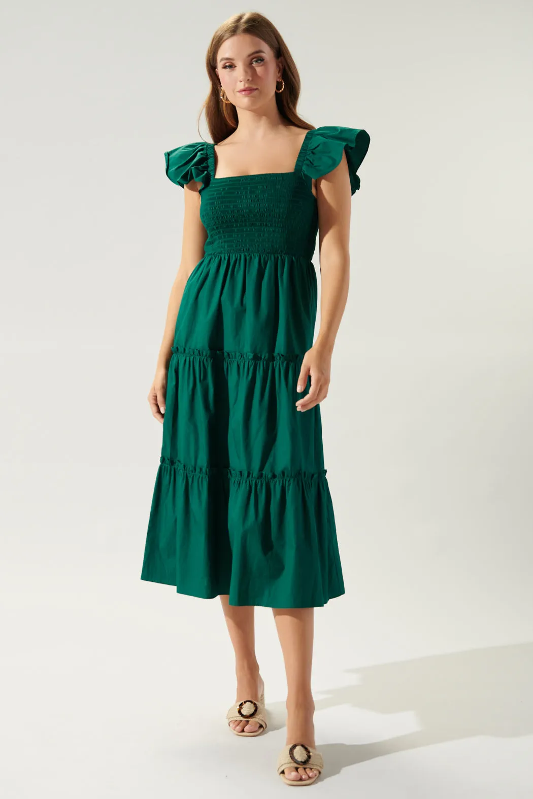 Lou Smocked Tiered Midi Dress