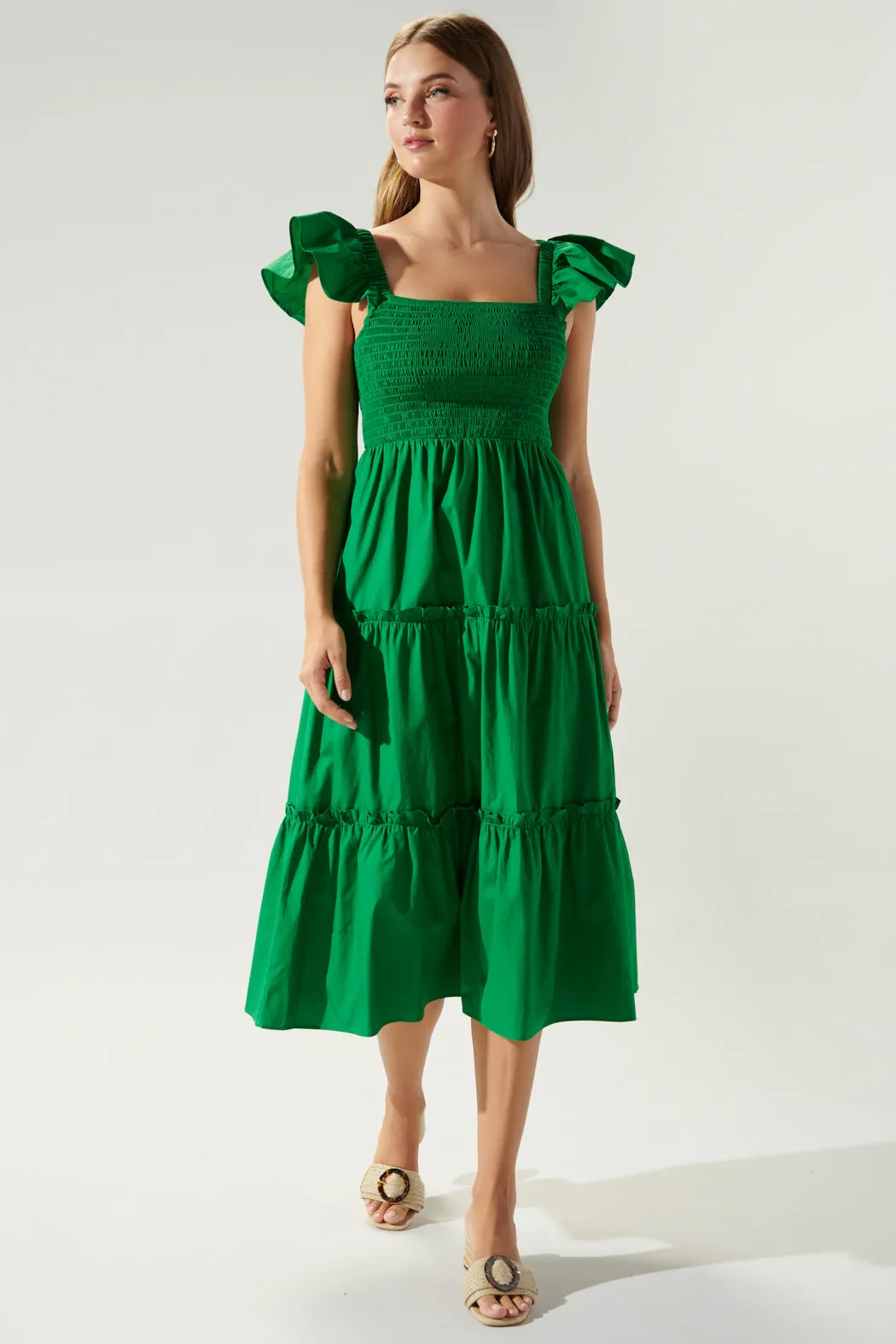 Lou Smocked Tiered Midi Dress