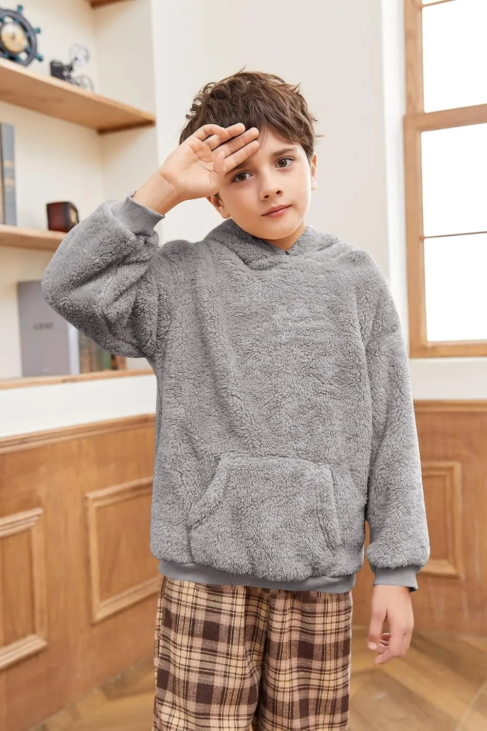 Makkrom Boys Girls Sherpa Hoodies Fleece Hoodie Pullover Outfits for Kids