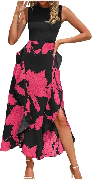 Maxi Boho Sun dresseses for Women 2024 Elegant Sleeveless Split Beach Long Flowy Dress Casual Summer Floral Dresses