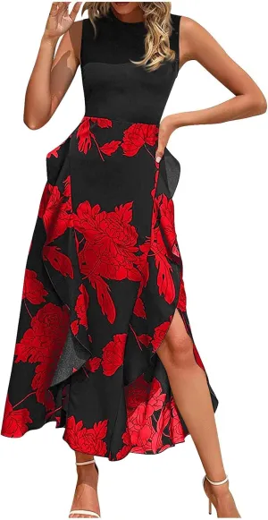 Maxi Boho Sun dresseses for Women 2024 Elegant Sleeveless Split Beach Long Flowy Dress Casual Summer Floral Dresses
