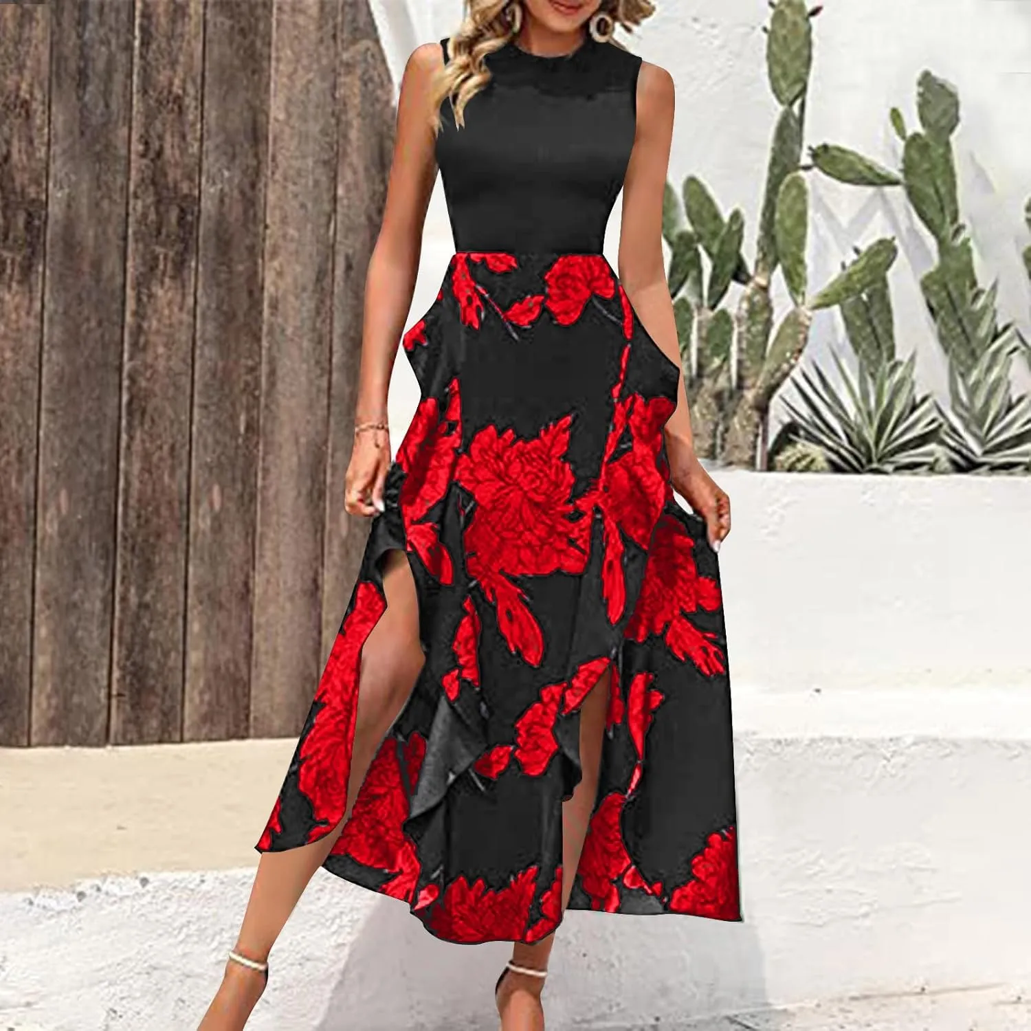 Maxi Boho Sun dresseses for Women 2024 Elegant Sleeveless Split Beach Long Flowy Dress Casual Summer Floral Dresses