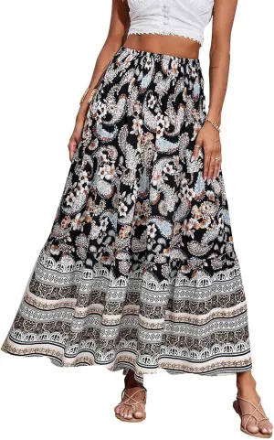 Maxi Skirts for Women Elastic High Waist A Line Pleated Skirt Boho Print Floral Flowy Skirt Beach Fashion