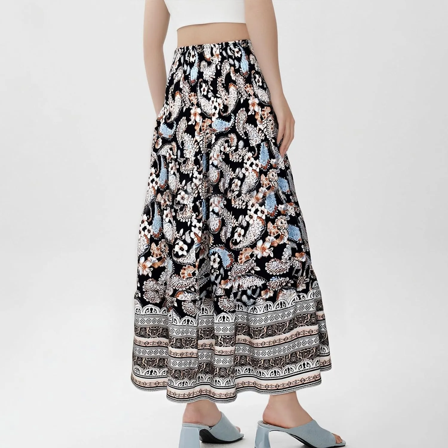 Maxi Skirts for Women Elastic High Waist A Line Pleated Skirt Boho Print Floral Flowy Skirt Beach Fashion