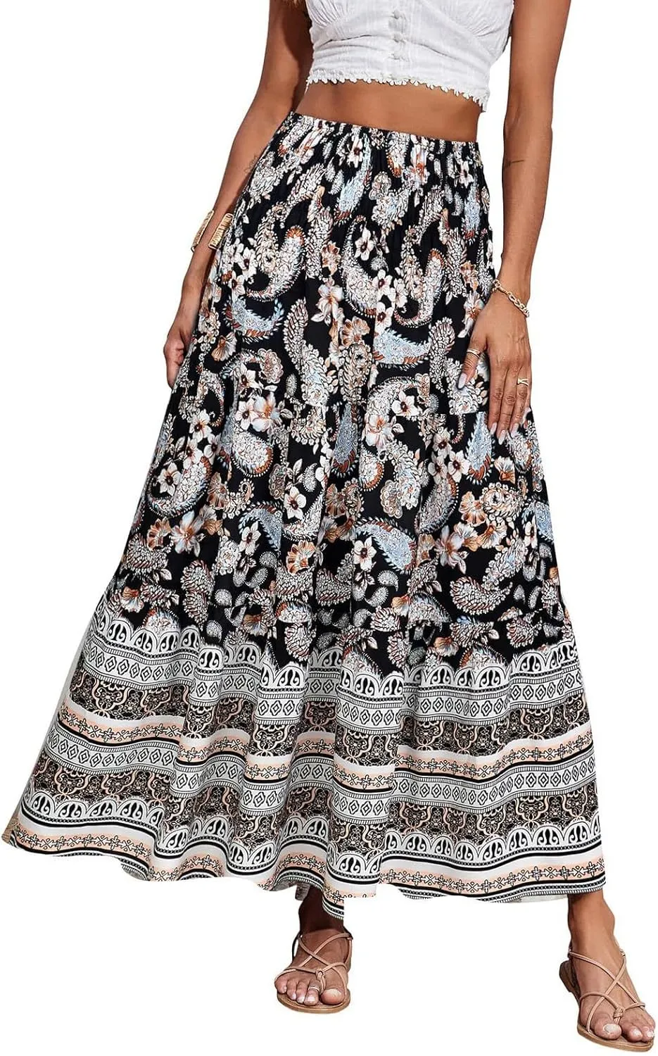 Maxi Skirts for Women Elastic High Waist A Line Pleated Skirt Boho Print Floral Flowy Skirt Beach Fashion