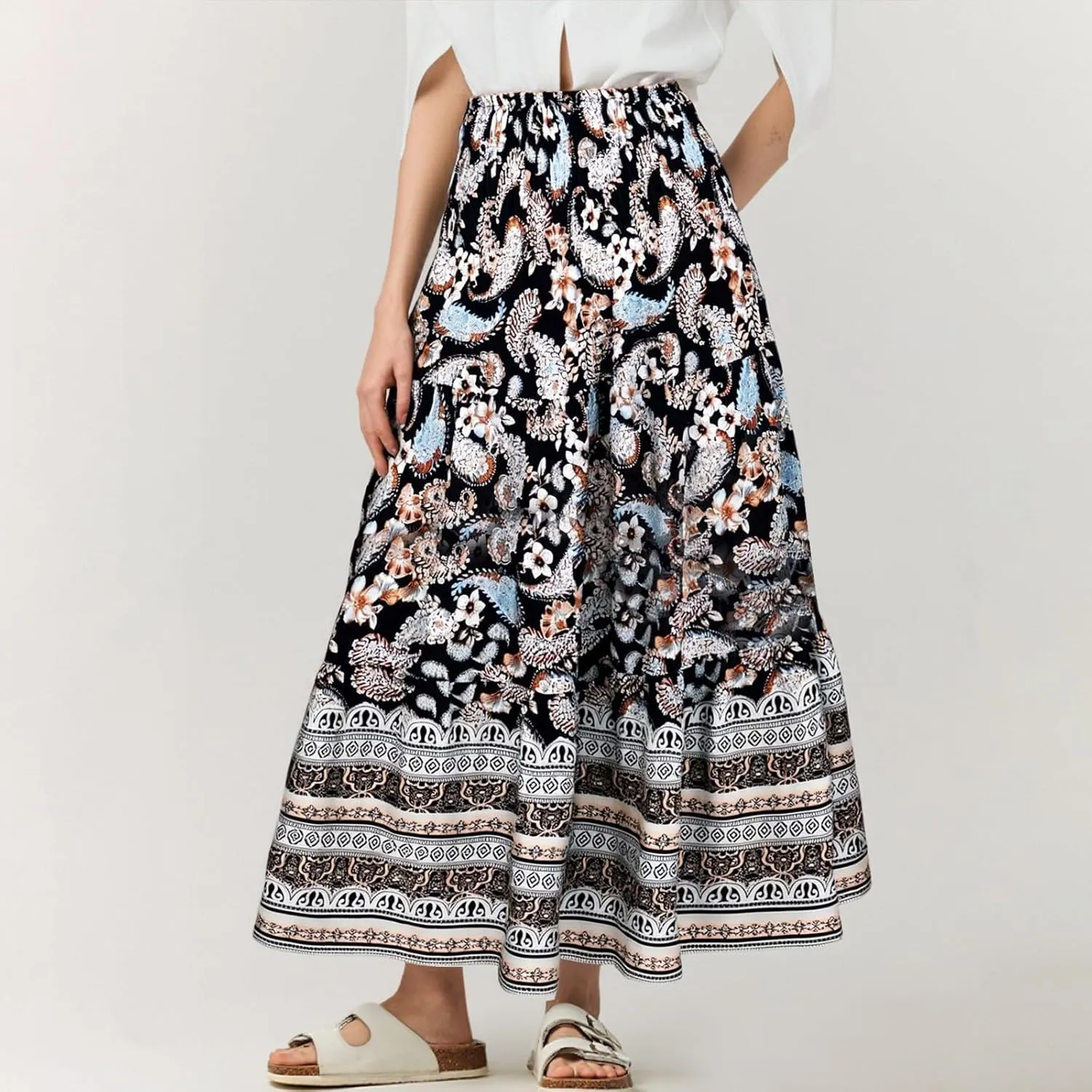 Maxi Skirts for Women Elastic High Waist A Line Pleated Skirt Boho Print Floral Flowy Skirt Beach Fashion