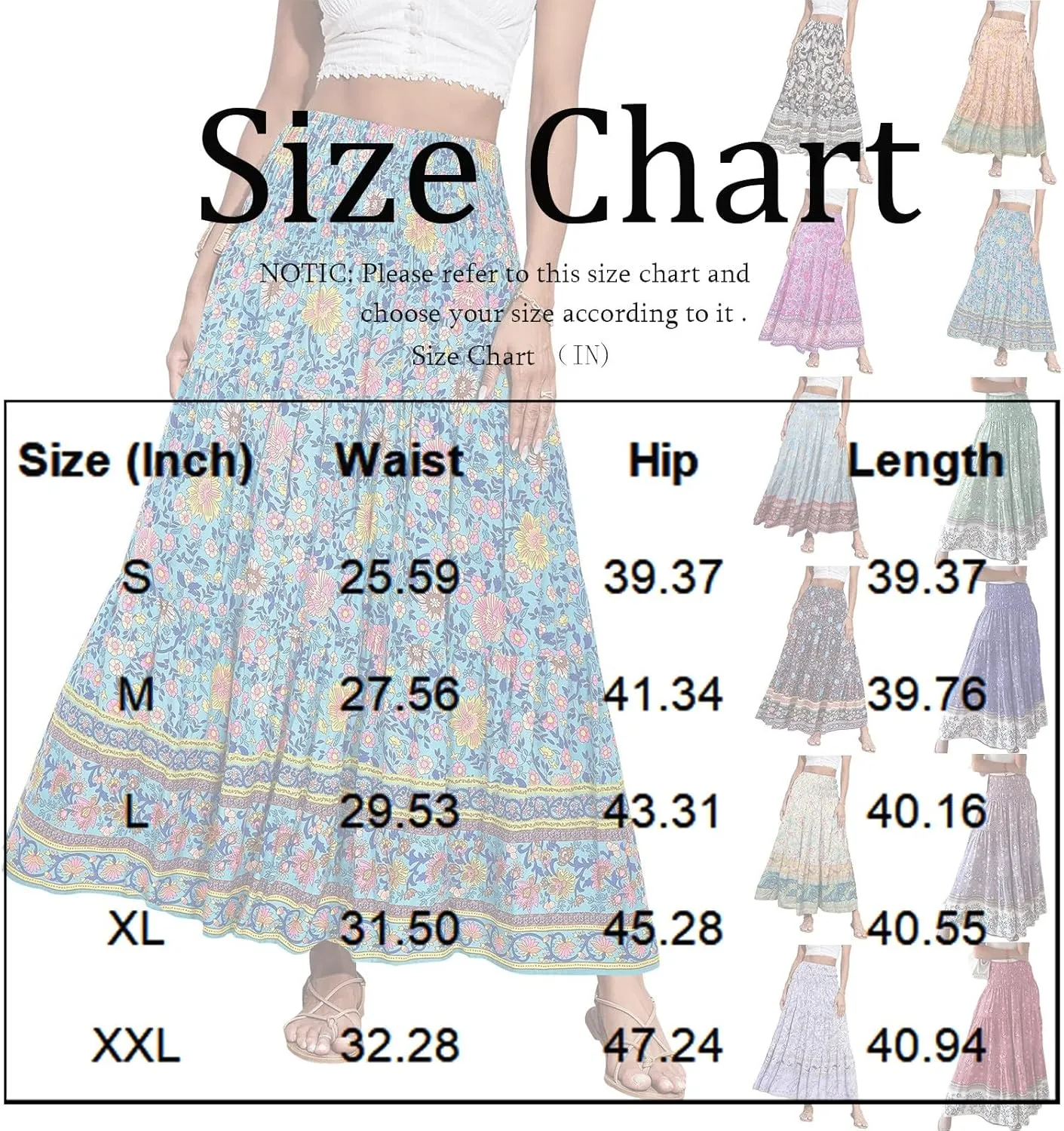 Maxi Skirts for Women Elastic High Waist A Line Pleated Skirt Boho Print Floral Flowy Skirt Beach Fashion