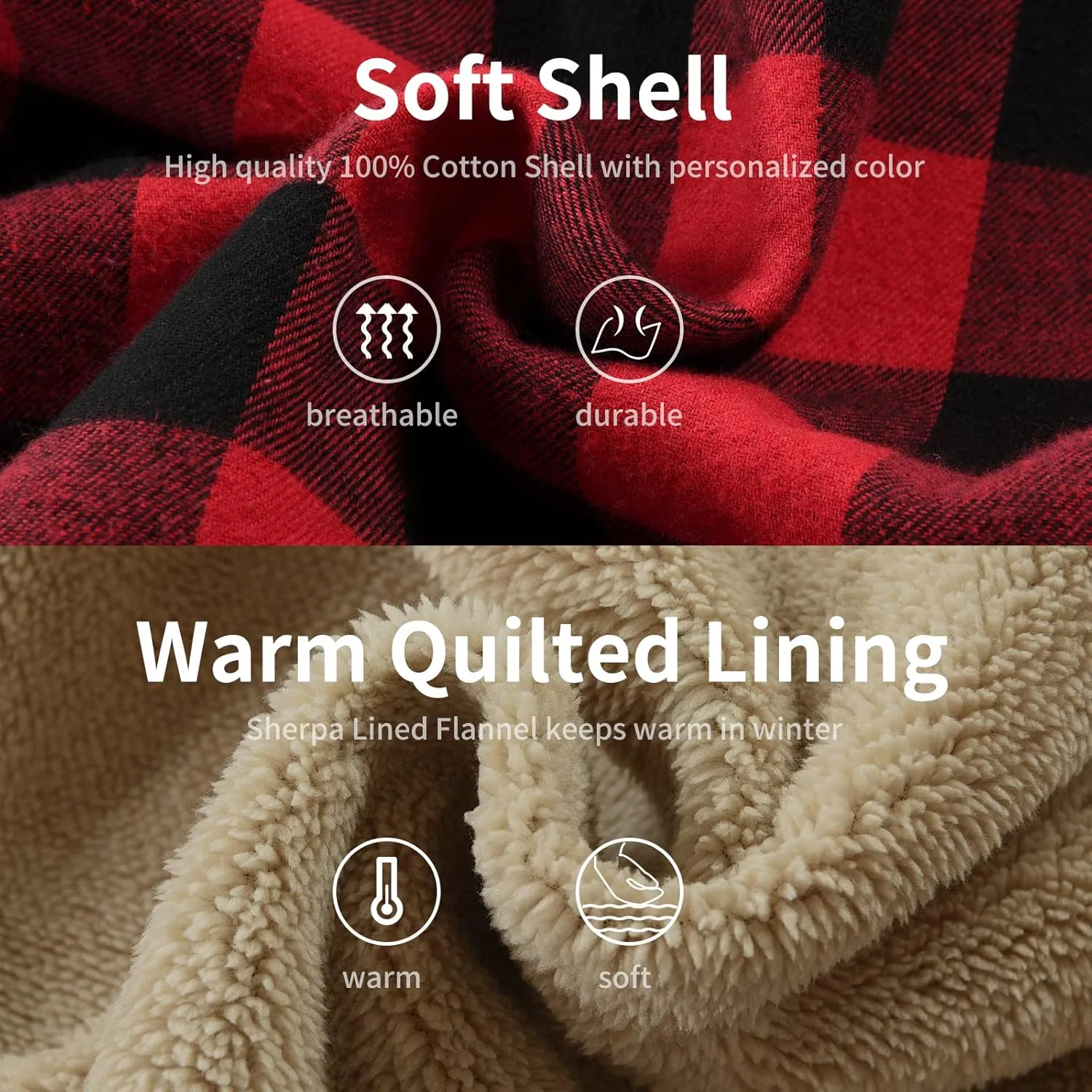 Men's Cotton Plaid Shirts Jacket Fleece Lined Flannel Shirts Sherpa Button Down Jackets with Hood for Men
