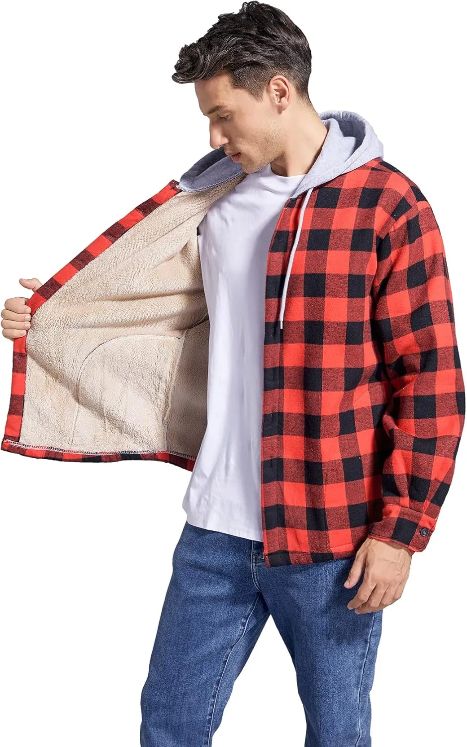 Men's Cotton Plaid Shirts Jacket Fleece Lined Flannel Shirts Sherpa Button Down Jackets with Hood for Men