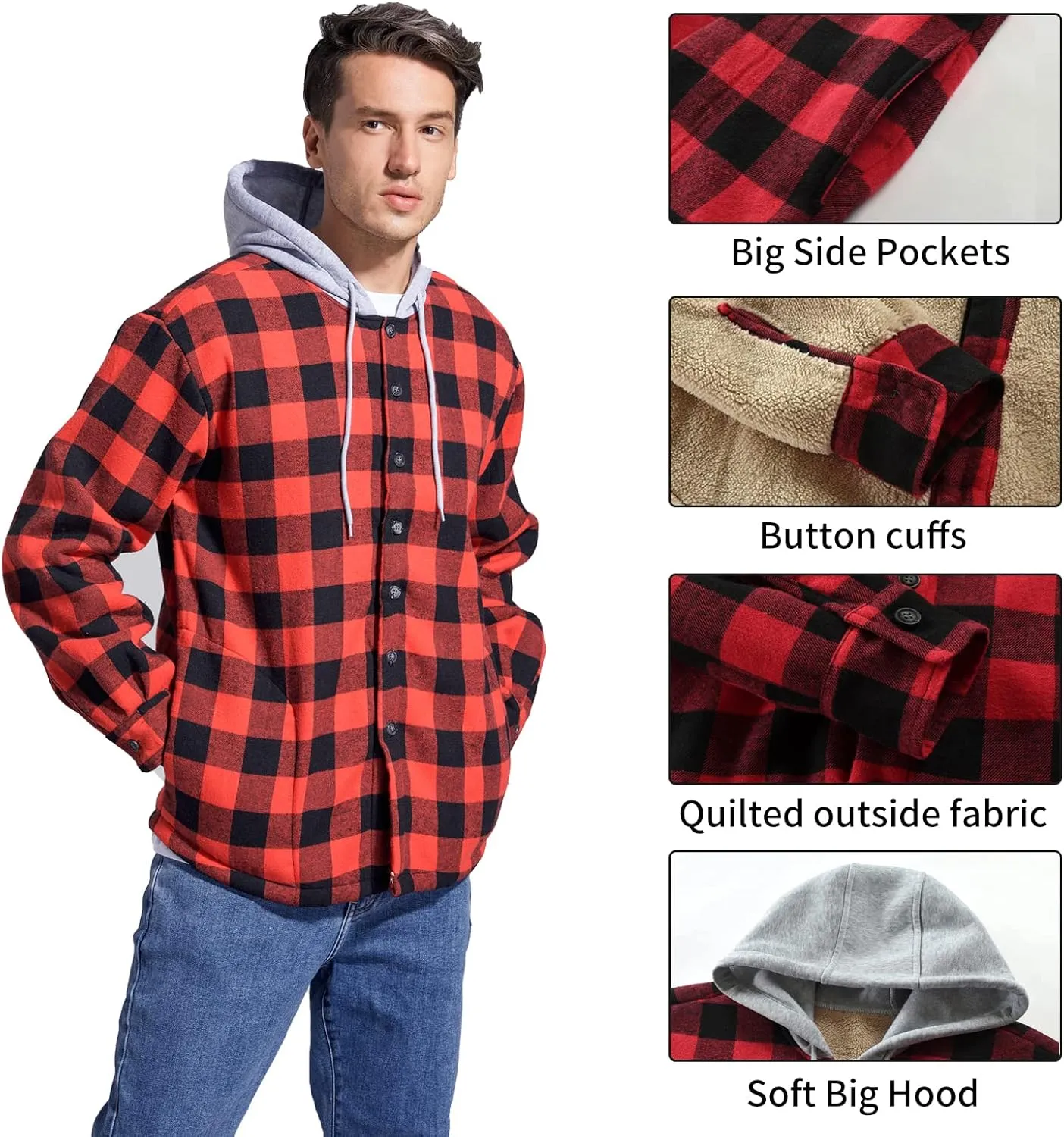 Men's Cotton Plaid Shirts Jacket Fleece Lined Flannel Shirts Sherpa Button Down Jackets with Hood for Men