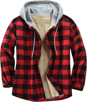 Men's Cotton Plaid Shirts Jacket Fleece Lined Flannel Shirts Sherpa Button Down Jackets with Hood for Men
