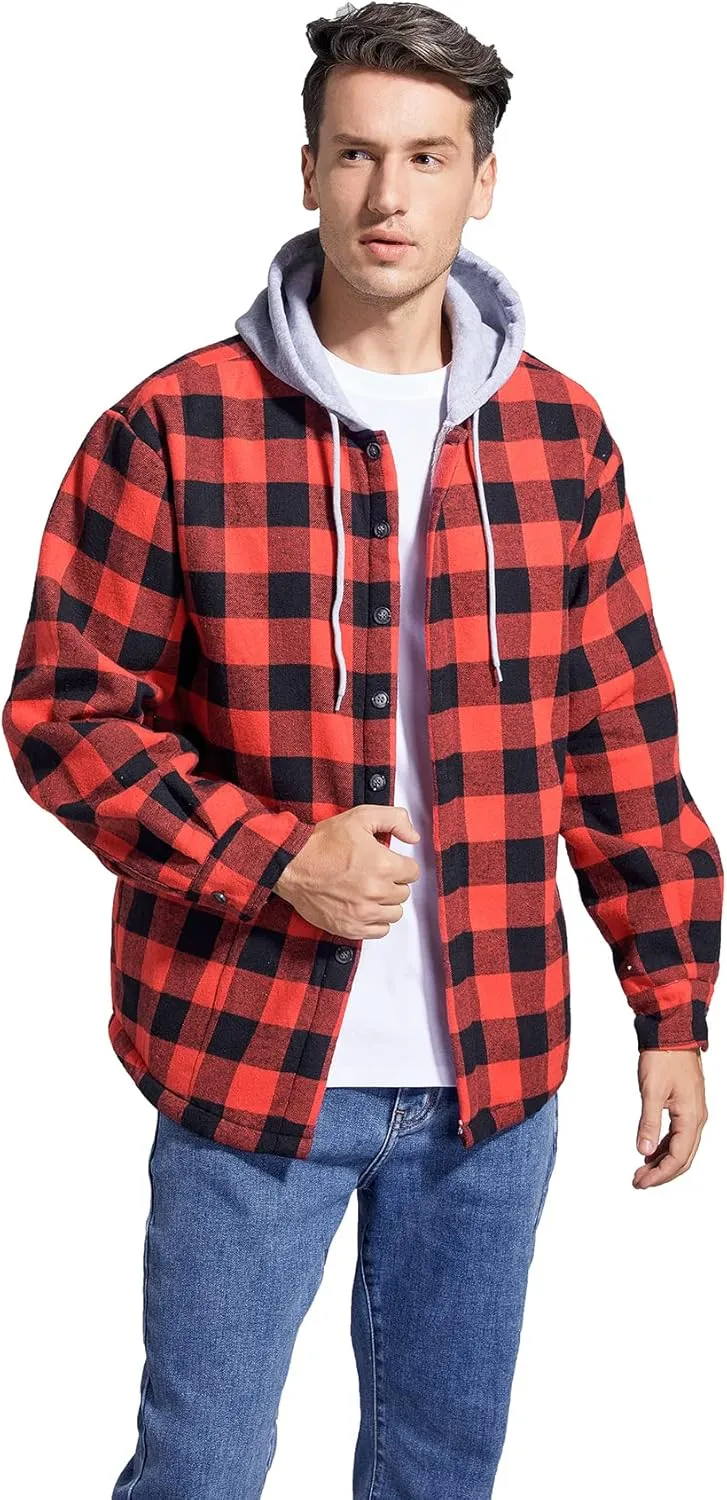 Men's Cotton Plaid Shirts Jacket Fleece Lined Flannel Shirts Sherpa Button Down Jackets with Hood for Men