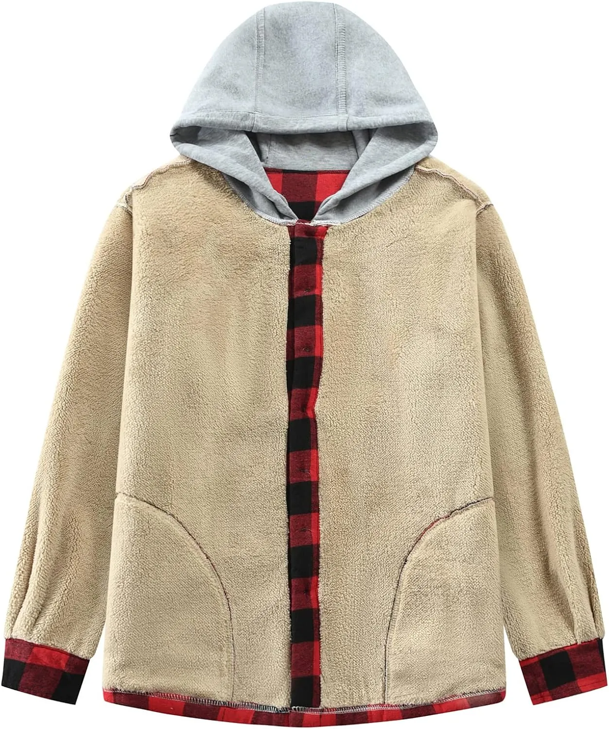 Men's Cotton Plaid Shirts Jacket Fleece Lined Flannel Shirts Sherpa Button Down Jackets with Hood for Men
