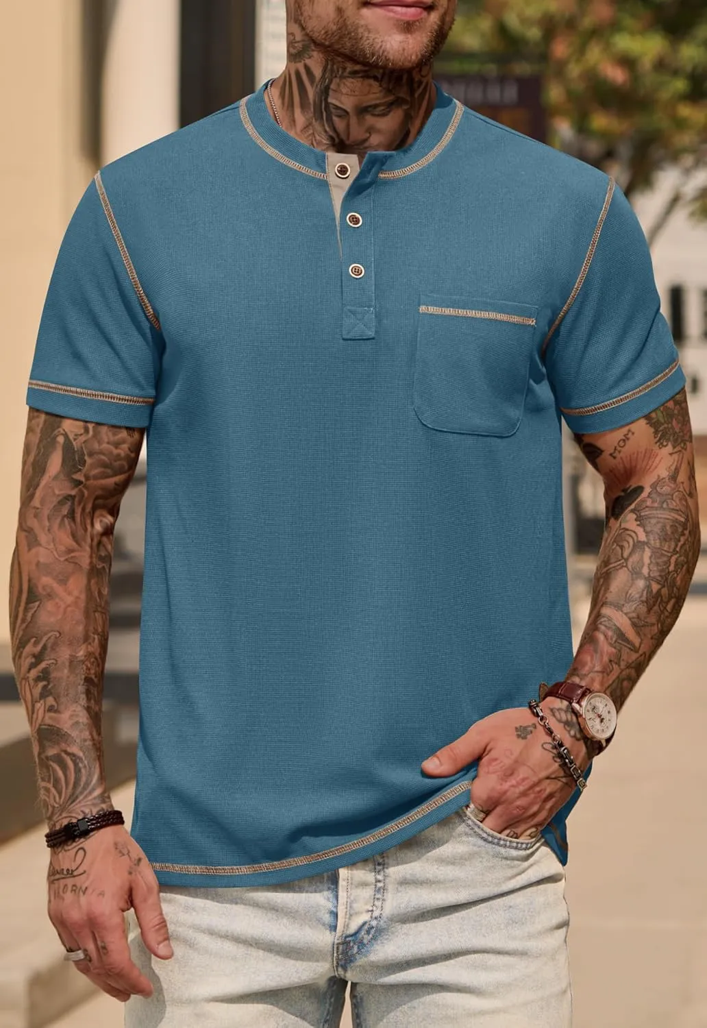 Mens Henley Shirts Casual Stretch Summer Lightweigh Waffle Short Sleeve T-Shirt with Pocket (S-XXL)