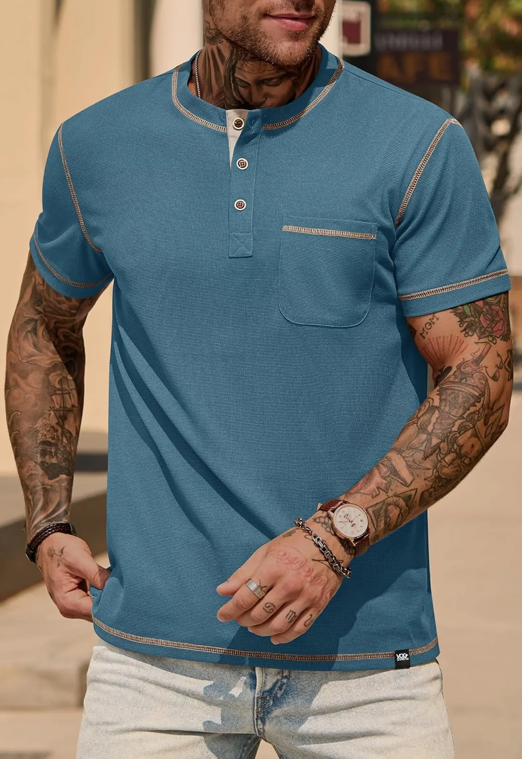 Mens Henley Shirts Casual Stretch Summer Lightweigh Waffle Short Sleeve T-Shirt with Pocket (S-XXL)