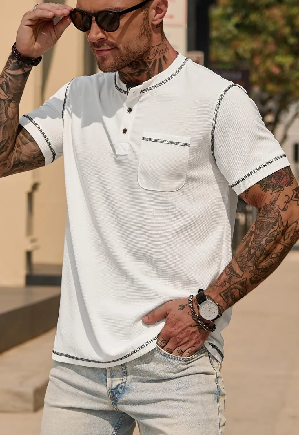 Mens Henley Shirts Casual Stretch Summer Lightweigh Waffle Short Sleeve T-Shirt with Pocket (S-XXL)
