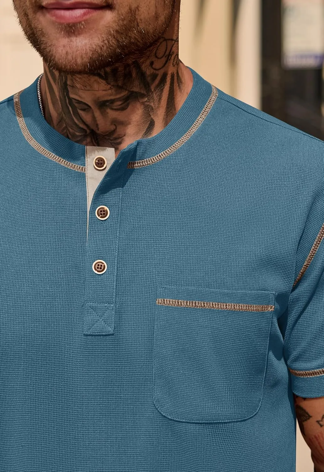 Mens Henley Shirts Casual Stretch Summer Lightweigh Waffle Short Sleeve T-Shirt with Pocket (S-XXL)