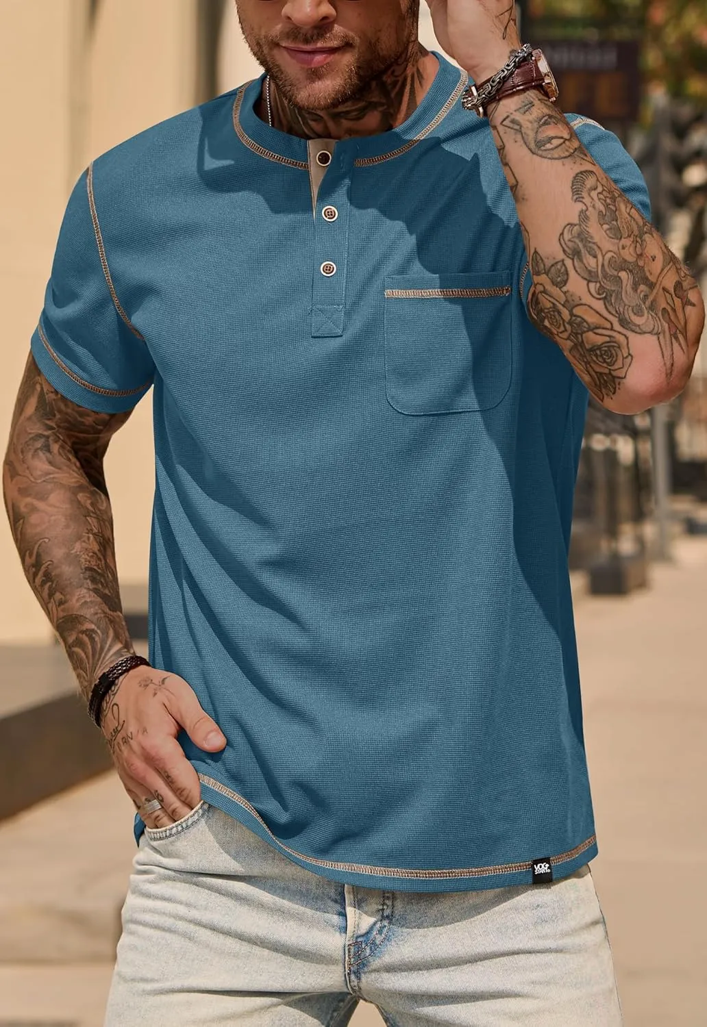 Mens Henley Shirts Casual Stretch Summer Lightweigh Waffle Short Sleeve T-Shirt with Pocket (S-XXL)