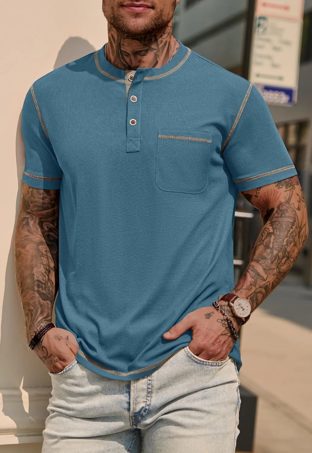 Mens Henley Shirts Casual Stretch Summer Lightweigh Waffle Short Sleeve T-Shirt with Pocket (S-XXL)