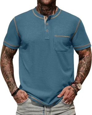 Mens Henley Shirts Casual Stretch Summer Lightweigh Waffle Short Sleeve T-Shirt with Pocket (S-XXL)